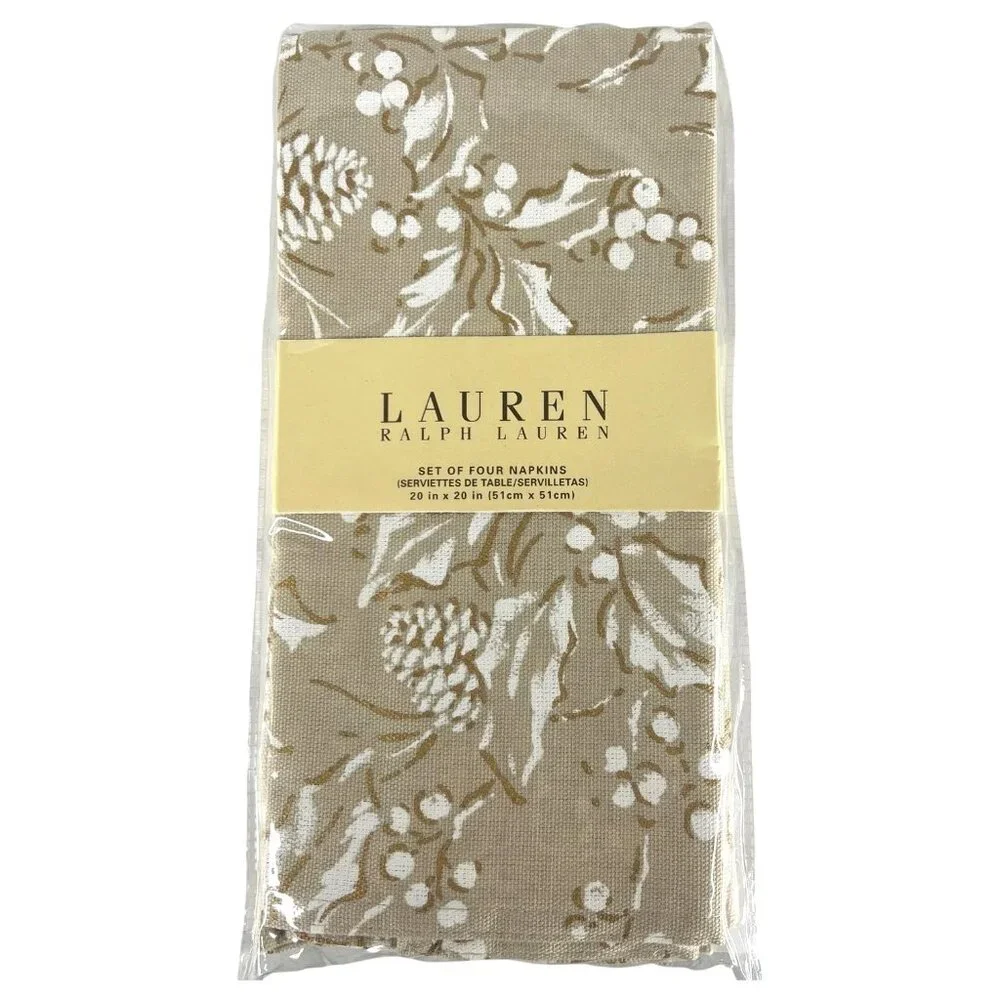 New Ralph Lauren Bowen Natural‎ Cloth Napkin Beige White Set Of 4 Holly Pinecone